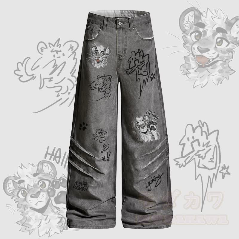 MODAKAWA X atka Cheeky Tiger Face Graphic Denim Pants - Grey - 2XL - image 1