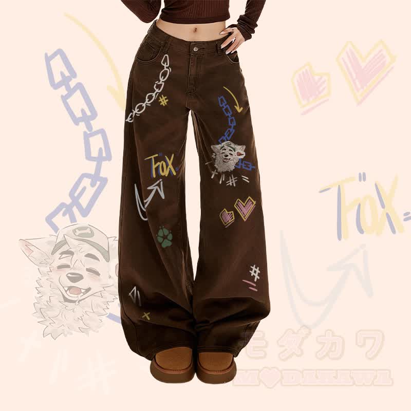 MODAKAWA X atka Fox Wants Meat Graphic Wide Leg Denim Pants - Brown - XL - image 2
