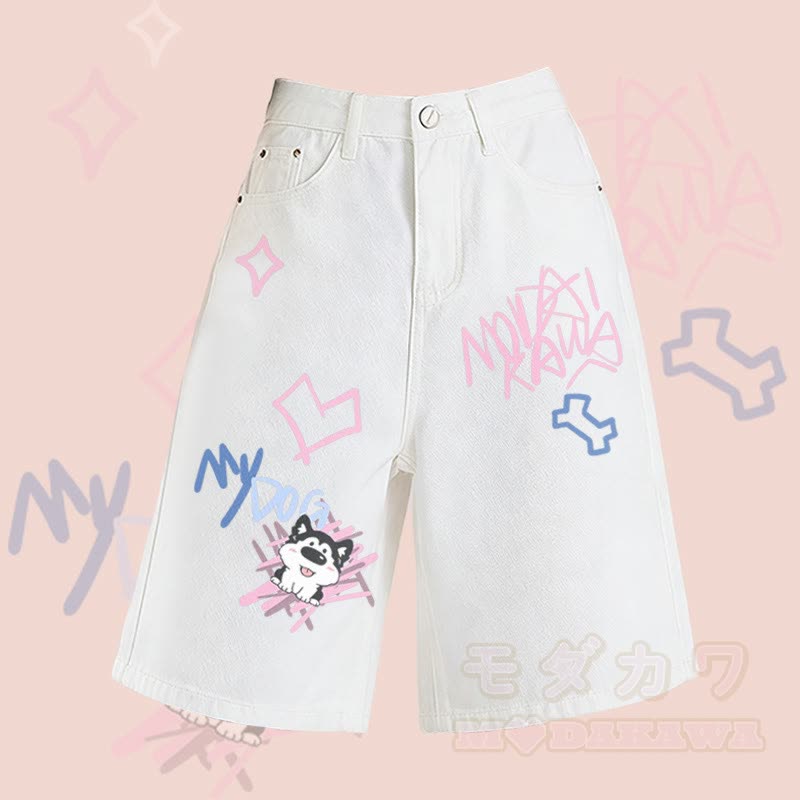 MODAKAWA Tongue Out Puppy Graphic Bermuda Denim Shorts - White - 2XL - image 2