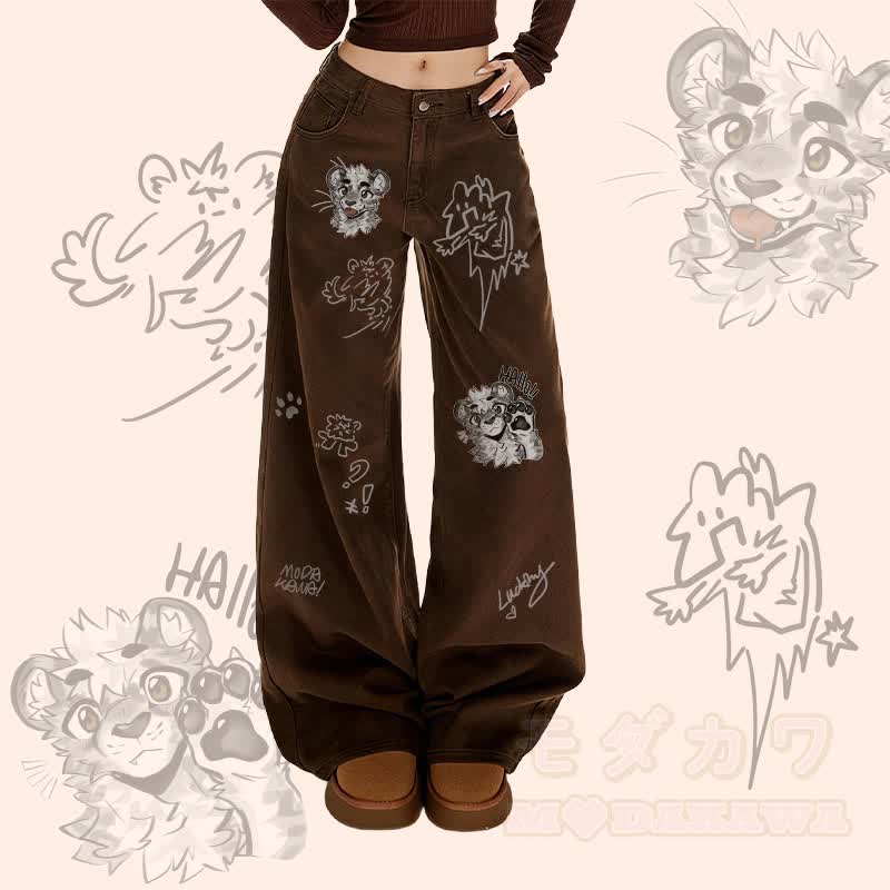 MODAKAWA X atka Cheeky Tiger Face Graphic Wide Leg Denim Pants - Brown - XL - image 2