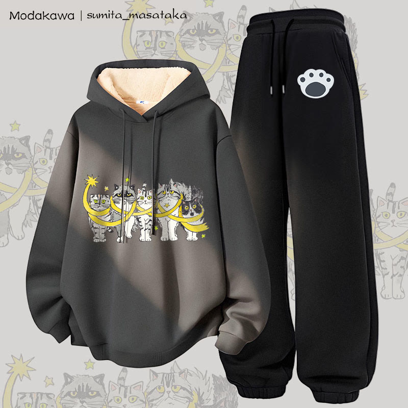 MODAKAWA X sumita_masataka Cats Wrapped In Stars Graphic Thick Fleece Lined Hoodie Pants Two Pieces Set - Dark Grey&Black - 5XL - image 1