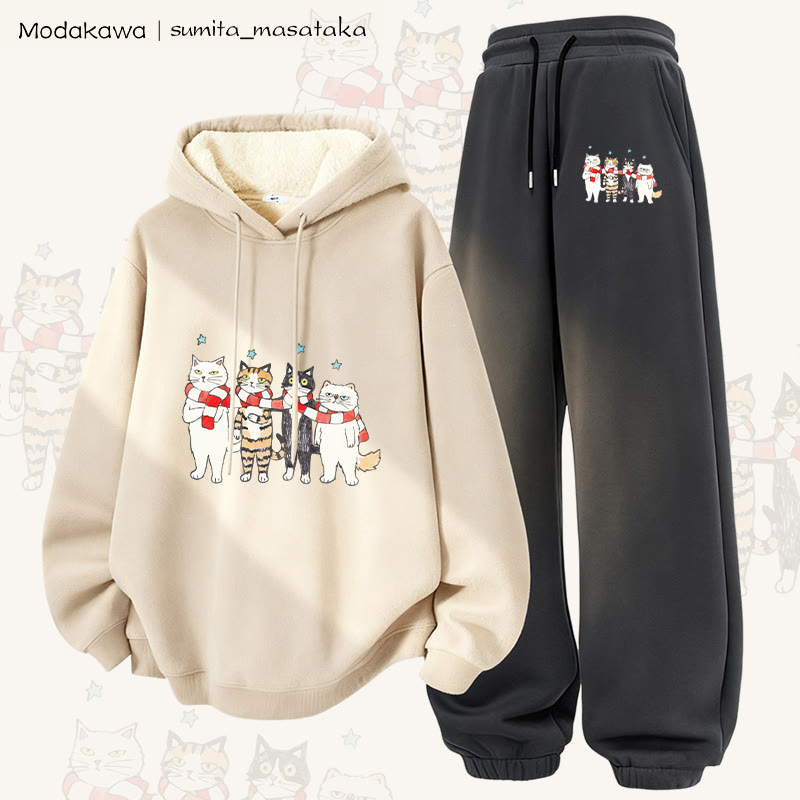 MODAKAWA X sumita_masataka Scarf Sharing Cats Graphic Thick Fleece Lined Hoodie Pants Two Pieces Set - Apricot&Dark Grey - 5XL - image 1
