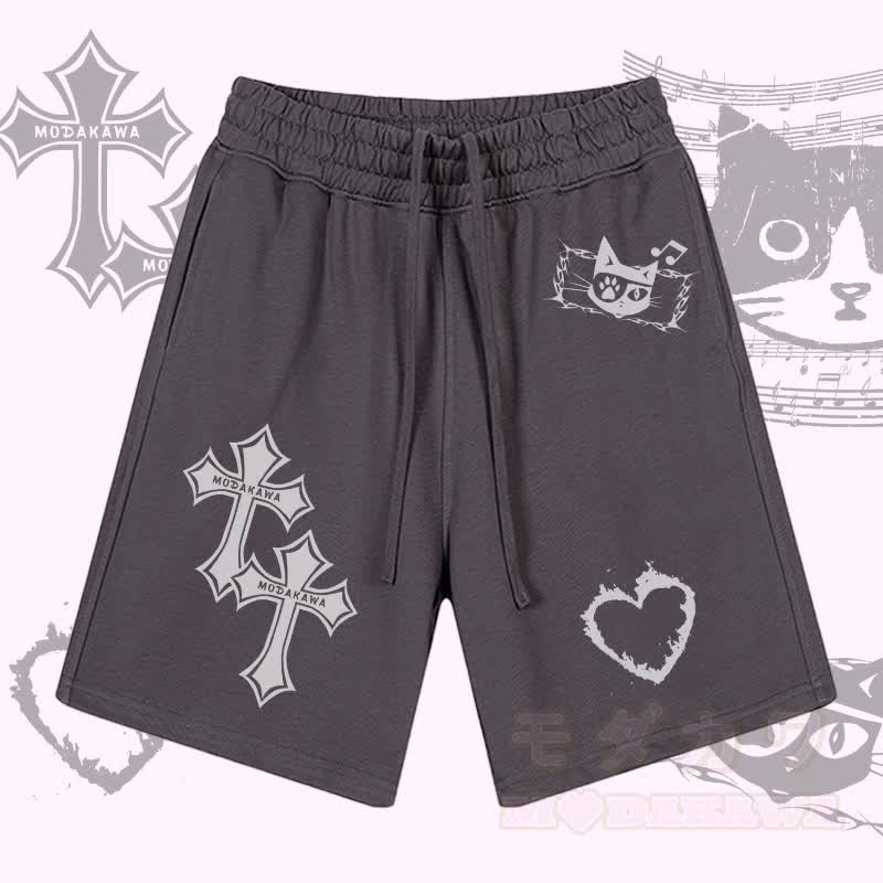 MODAKAWA Cross Flame Heart Graphic Drawstring Shorts - Purple - 2XL - image 2