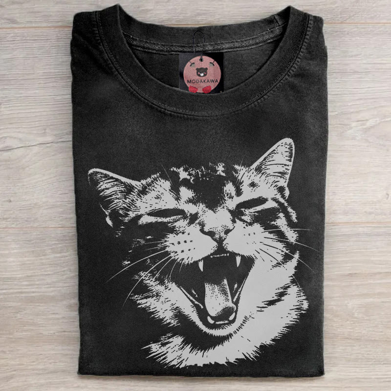 MODAKAWA Open-Mouth Cat Graphic Unisex Vintage Washed T-shirt - Black - 5XL - image 1