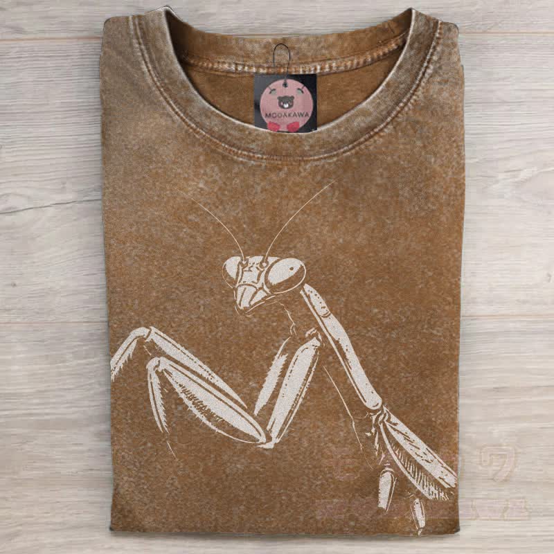 MODAKAWA Praying Mantis Graphic Unisex Vintage Washed T-shirt - Brown - 5XL - image 2