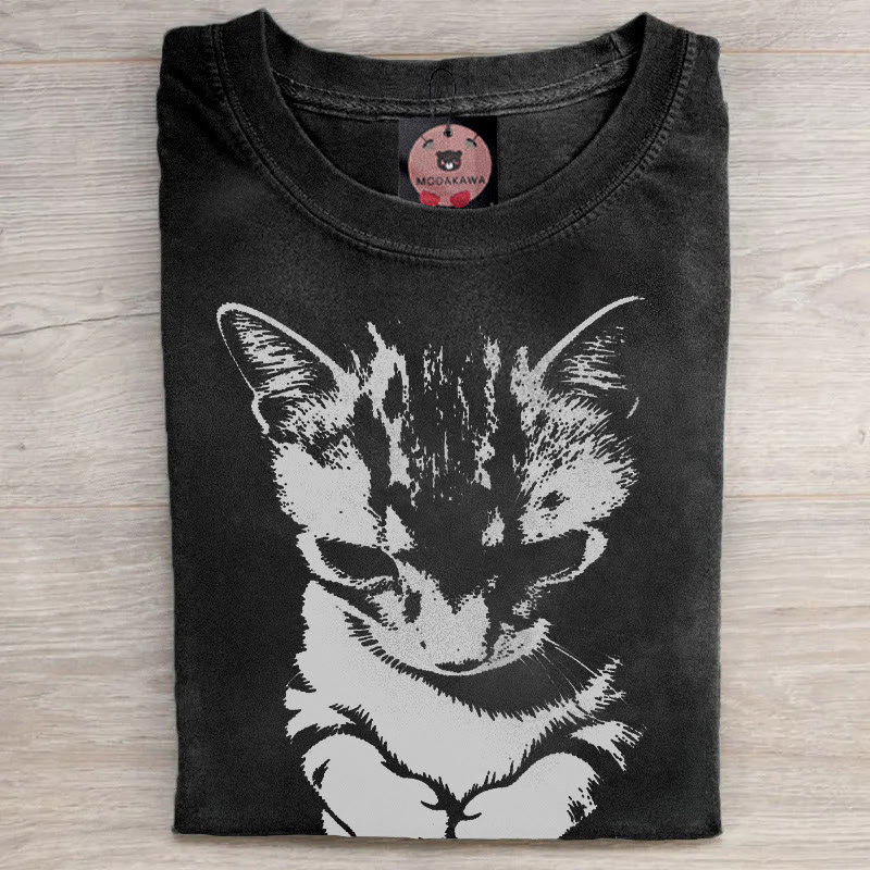 MODAKAWA Guilty Cat Graphic Unisex Vintage Washed T-shirt - Black - 5XL - image 1