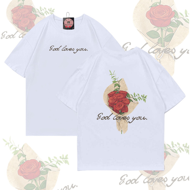 MODAKAWA GOD LOVES YOU Rose Bouquet Graphic T-shirt - White - 5XL - image 6