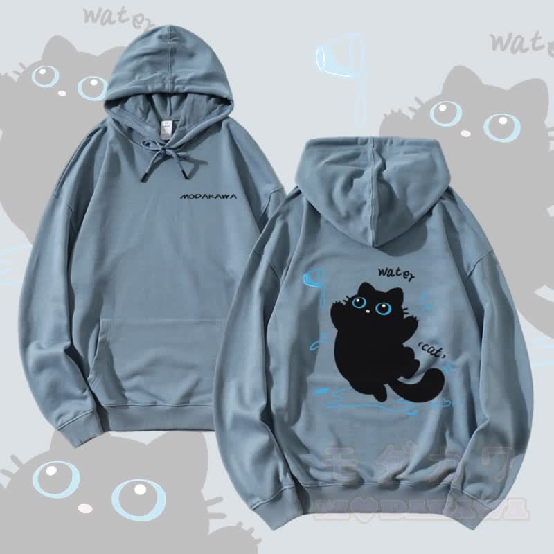 MODAKAWA Playful Black Cat Graphic Cotton-Blend Matching Hoodie - Dusty Blue - 5XL - image 1