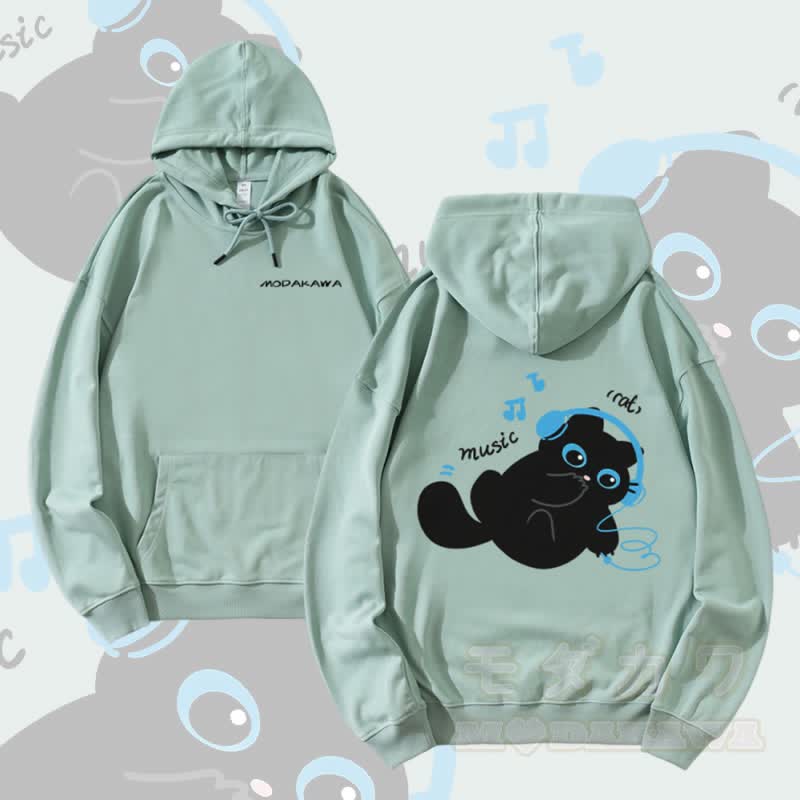 MODAKAWA Black Cat Listening to Music Graphic Cotton-Blend Matching Hoodie - Green - 5XL - image 2