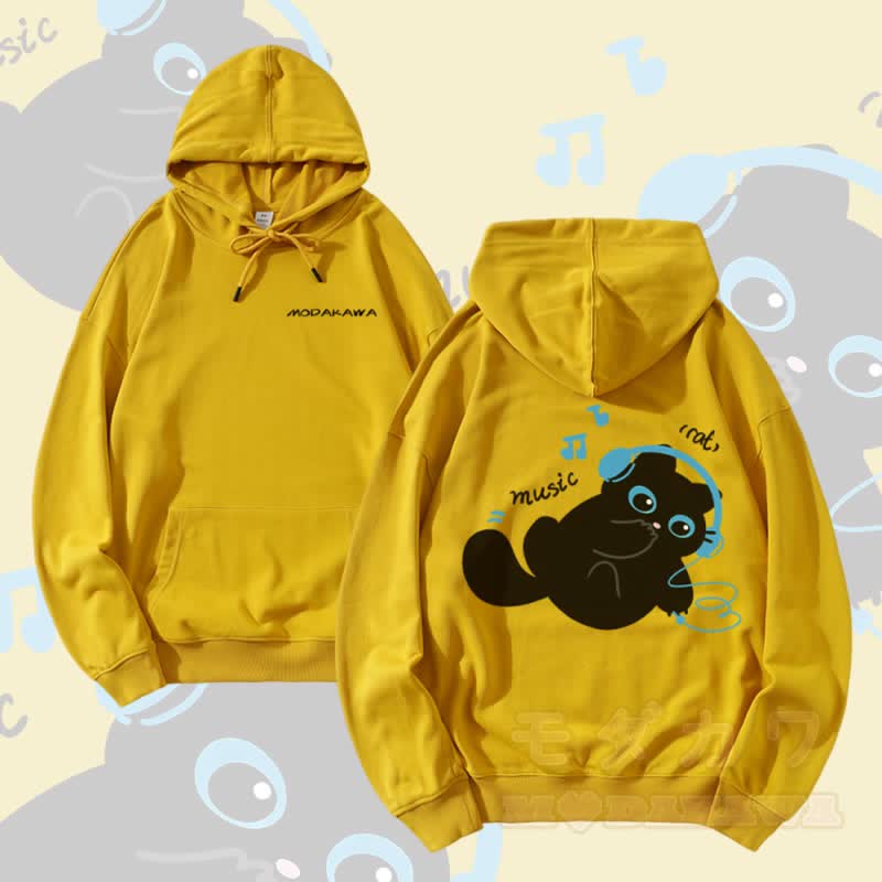 MODAKAWA Black Cat Listening to Music Graphic Cotton-Blend Matching Hoodie - Yellow - 5XL - image 1