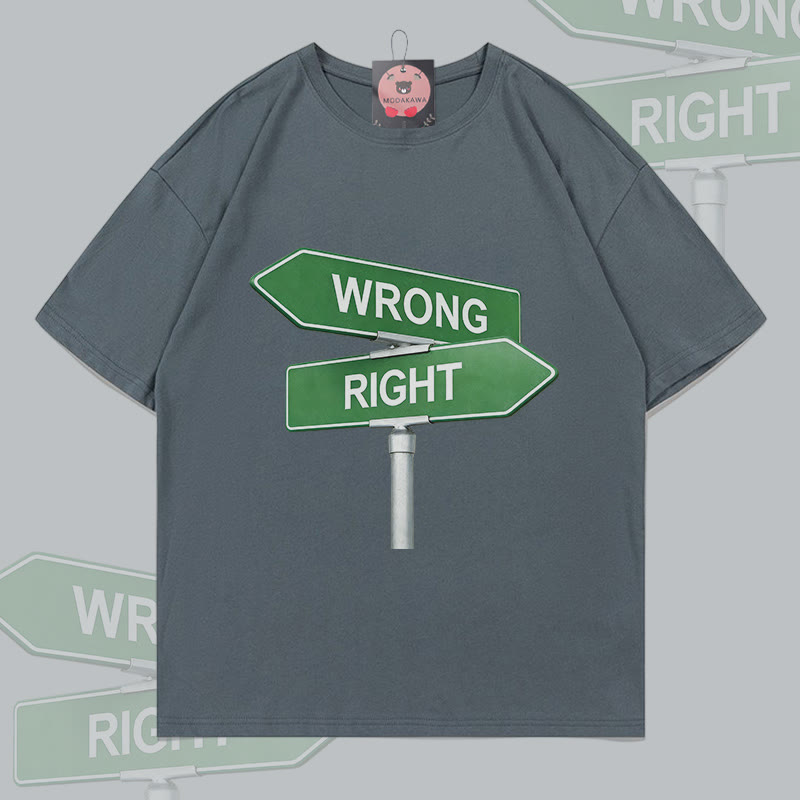 MODAKAWA WRONG or RIGHT Direction Sign Graphic T-shirt - Dark Grey - 5XL - image 1
