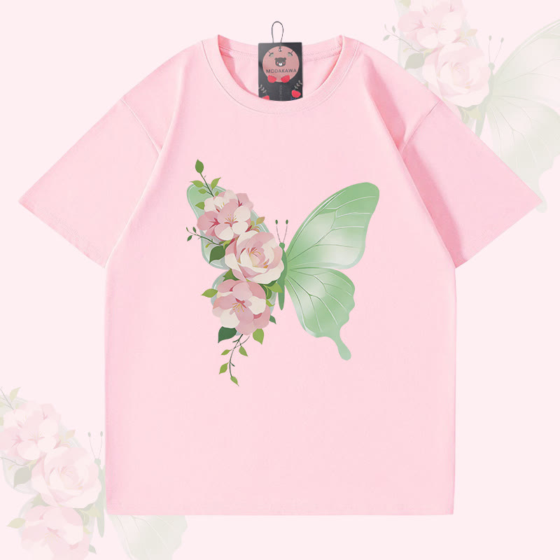MODAKAWA Flower Butterfly Graphic T-shirt - Pink - 5XL - image 1