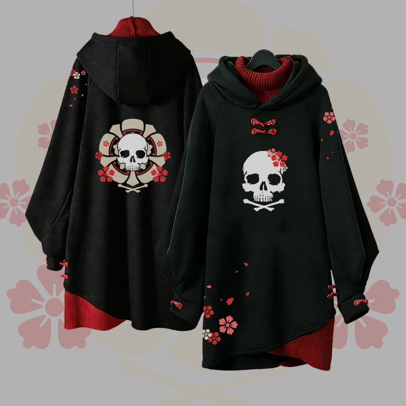 Sakura Skull Graphic Buckle Vintage Hooded Sweatshirt Dress - image 3