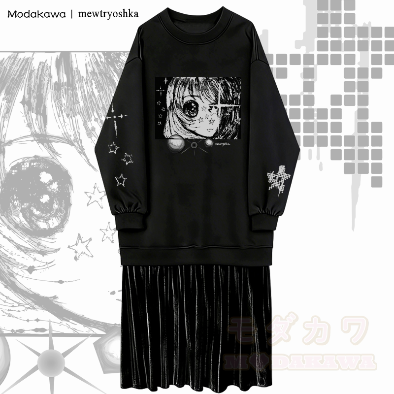 MODAKAWA X mewtryoshka Starry-Eyed Girl Graphic Fleece Lined Sweatshirt Dress - Black - 2XL - image 1