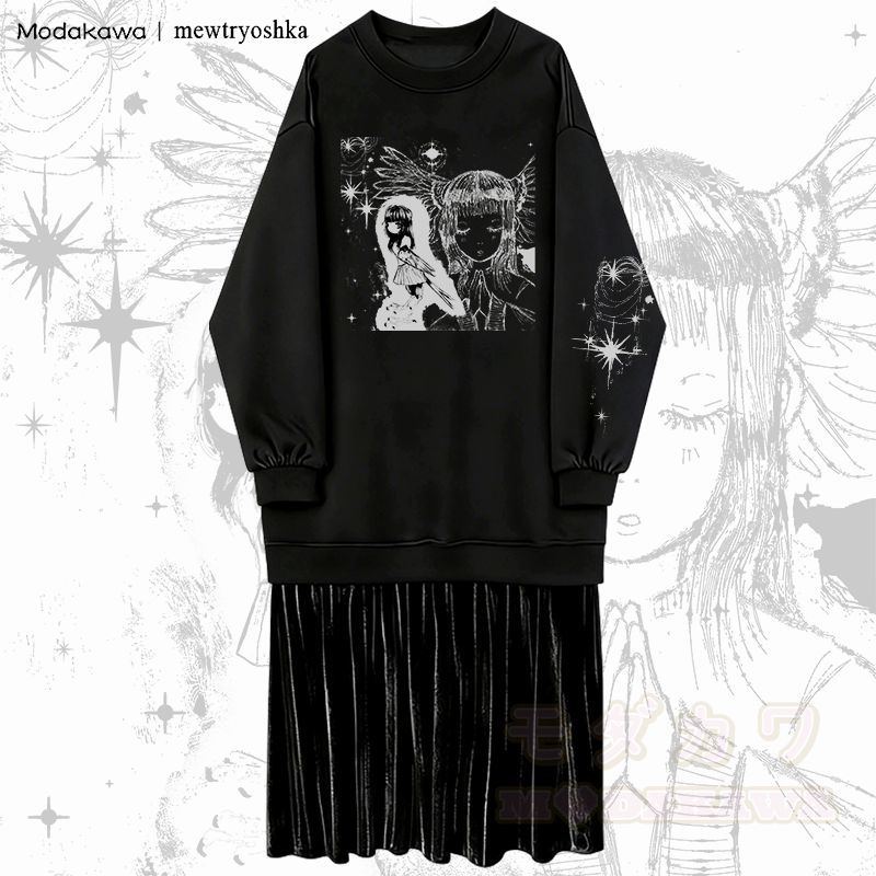 MODAKAWA X mewtryoshka Praying Angel Girl Graphic Fleece Lined Sweatshirt Dress - Black - 2XL - image 1