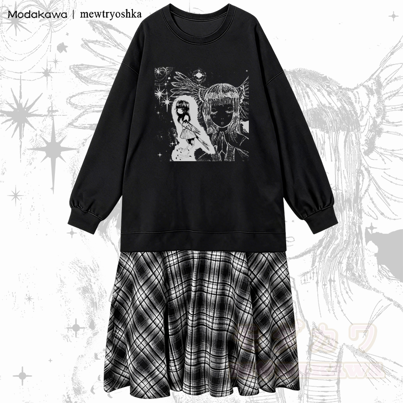 MODAKAWA X mewtryoshka Praying Angel Girl Graphic Plaid Sweatshirt Dress - Black - 2XL - image 1