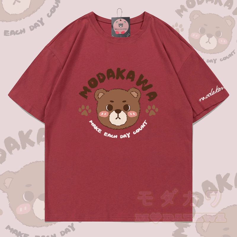 MAKE EACH DAY COUNT Bear Graphic Modakawa Cotton T-shirt - Red - 5XL - image 1