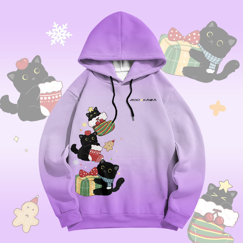 MODAKAWA Gradient Christmas Black Cat Graphic All Over Print Pullover Hoodie - Purple - 6XL - image 2