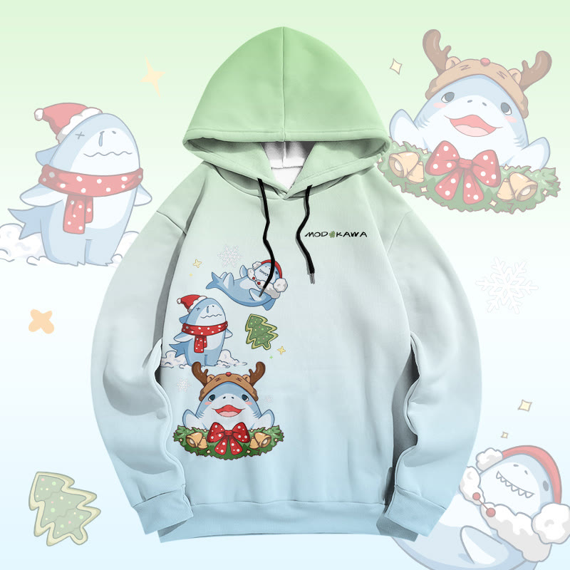 MODAKAWA Gradient Christmas Shark Graphic All Over Print Pullover Hoodie - Green - 8XL - image 2