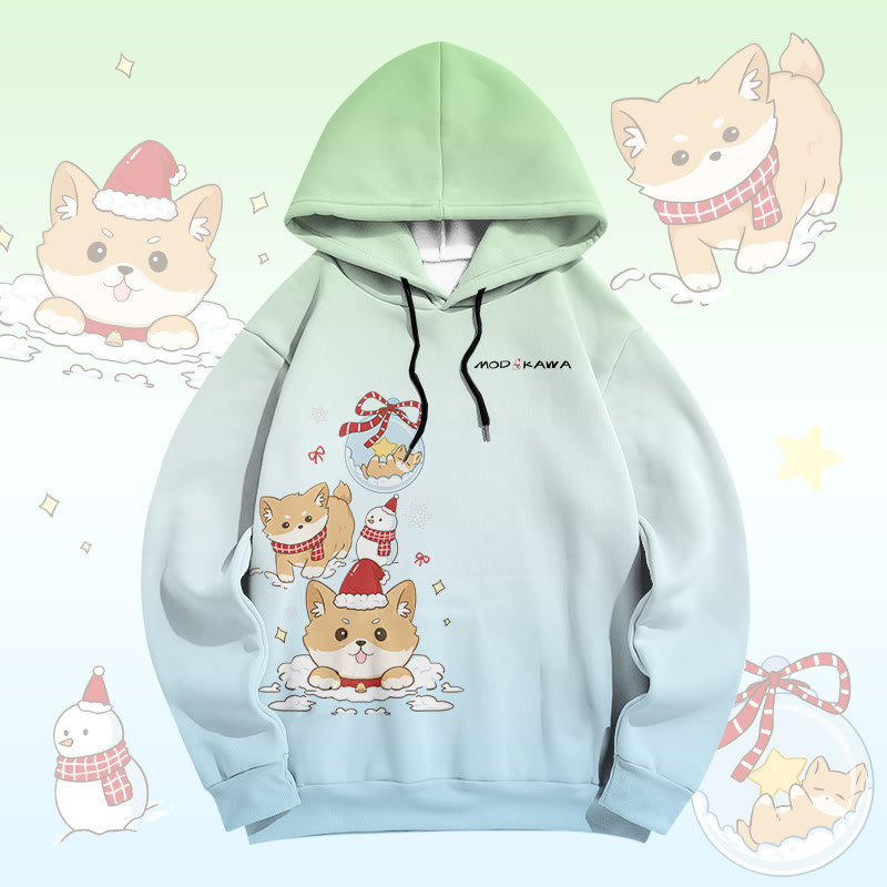 MODAKAWA Gradient Christmas Puppy Graphic All Over Print Pullover Hoodie - Green - 6XL - image 1