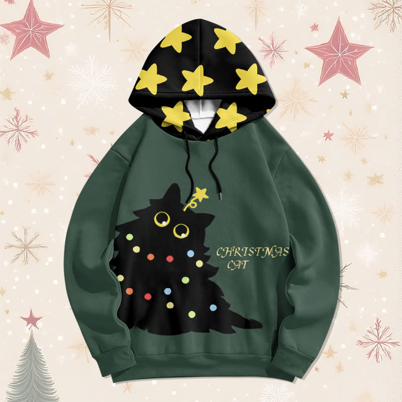 MODAKAWA Christmas Black Cat Graphic All Over Print Pullover Hoodie - Green - 6XL - image 2