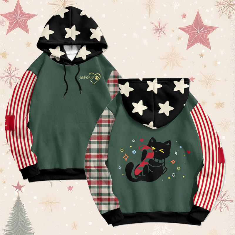 MODAKAWA Christmas Black Cat Holding A Candy Cane Graphic All Over Print Pullover Hoodie - image 1