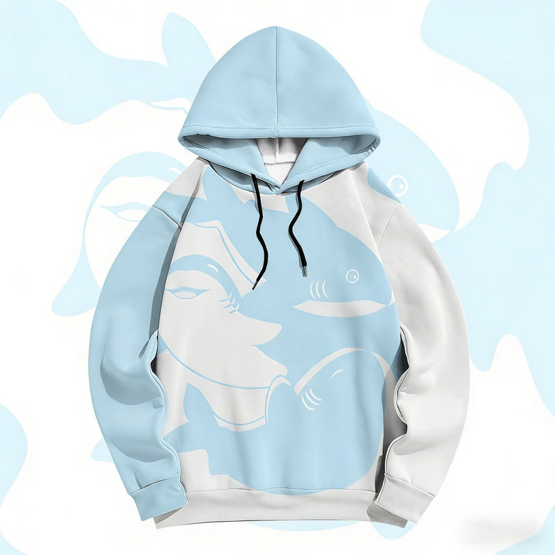 MODAKAWA Shark Graphic Color Block All Over Print Pullover Hoodie - Blue - 6XL - image 2