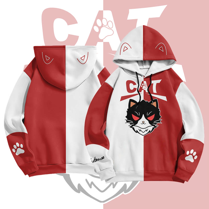 MODAKAWA Black Cat Graphic All Over Print Pullover Hoodie - Red - 6XL - image 2