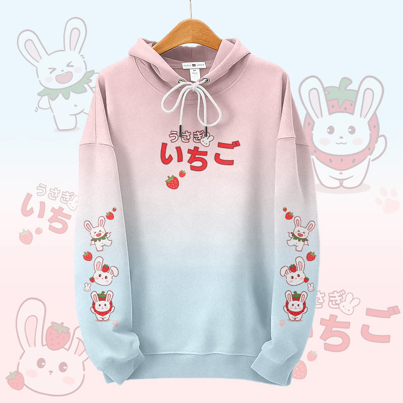 MODAKAWA Gradient Strawberry Bunny Graphic All Over Print Pullover Hoodie - Pink&Blue - 6XL - image 1