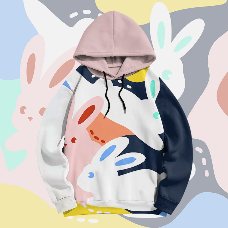 MODAKAWA Color Block Bunny Graphic All Over Print Pullover Hoodie - Pink&White - 6XL - image 1
