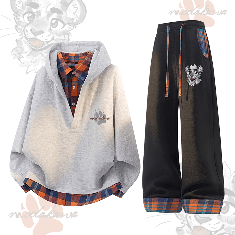 MODAKAWA X atka Cheeky Tiger Face Graphic Plaid Hoodie Pants Two Pieces Set - Grey & Black - 3XL - image 2