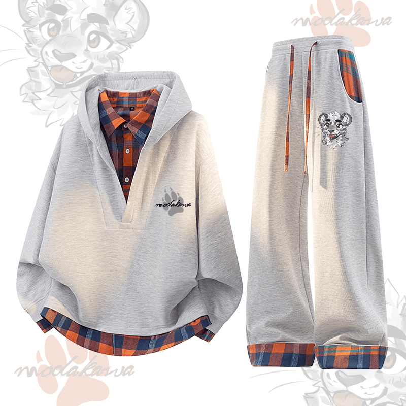 MODAKAWA X atka Cheeky Tiger Face Graphic Plaid Hoodie Pants Two Pieces Set - Grey - 3XL - image 1