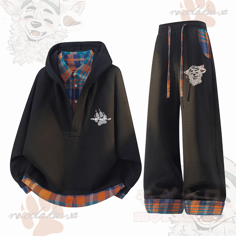 MODAKAWA X atka Fox Wants Meat Graphic Plaid Hoodie Pants Two Pieces Set - Black - 3XL - image 4