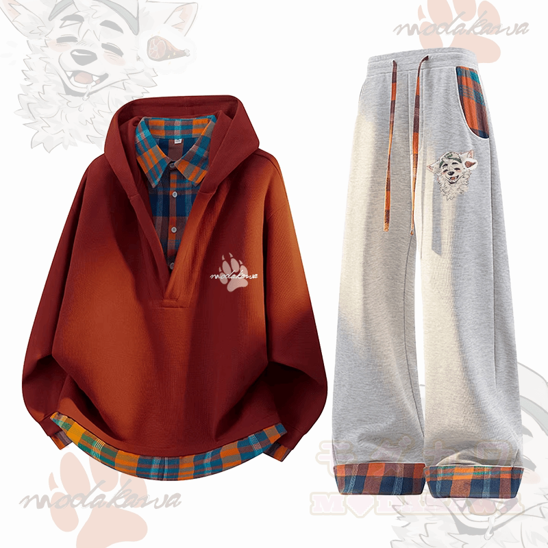 MODAKAWA X atka Fox Wants Meat Graphic Plaid Hoodie Pants Two Pieces Set - Red & Grey - 3XL - image 1