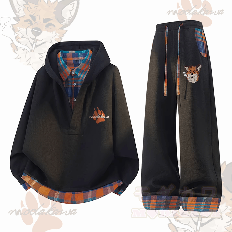 MODAKAWA X atka Fox Smoking Graphic Plaid Hoodie Pants Two Pieces Set - Black - 3XL - image 1