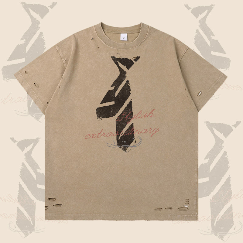 Tie Letter Graphic Modakawa Ripped T-shirt - Brown - 2XL - image 1