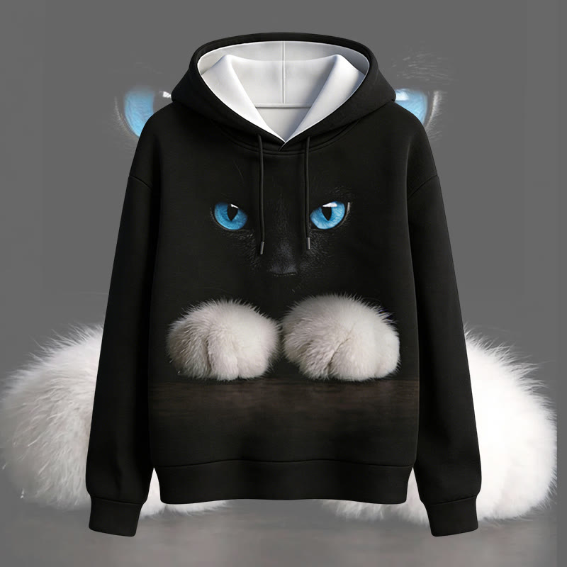 Blue Eyes Black Cat Graphic Modakawa Pullover Hoodie - Black - 6XL - image 1