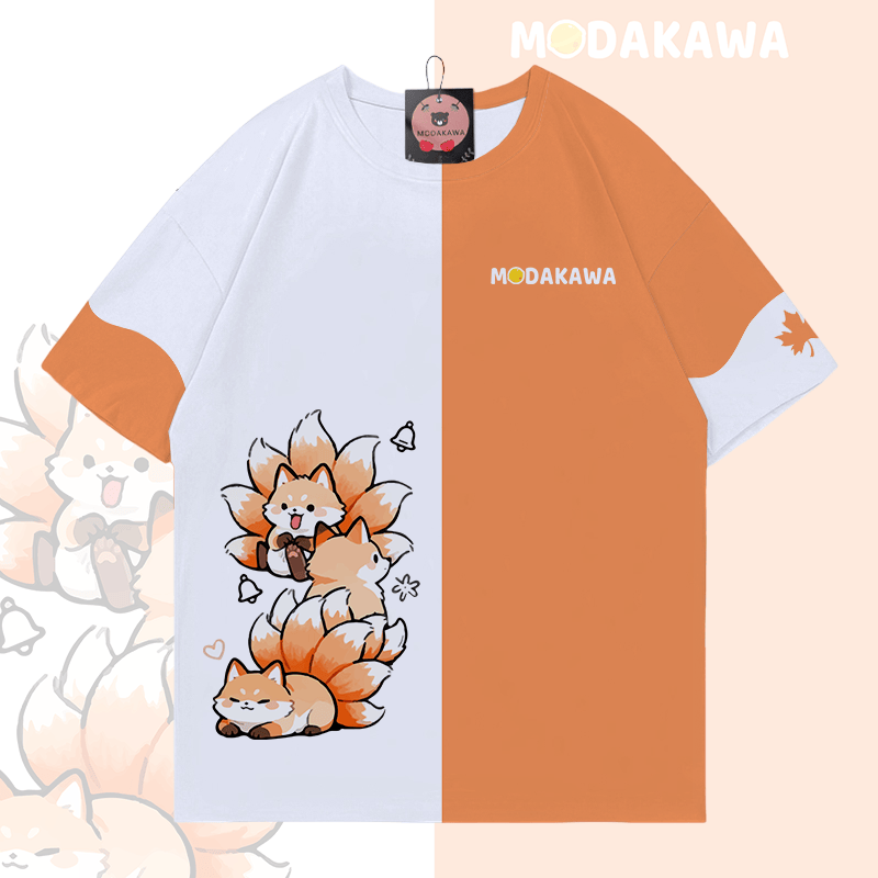 Nine-Tailed Fox Graphic Modakawa Color Block T-shirt - White & Orange - 5XL - image 1