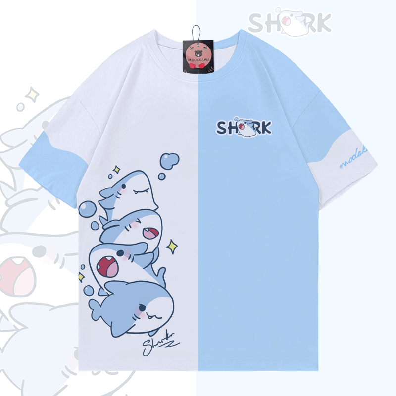Playful Shark Graphic Modakawa Color Block T-shirt - White & Blue - 5XL - image 1