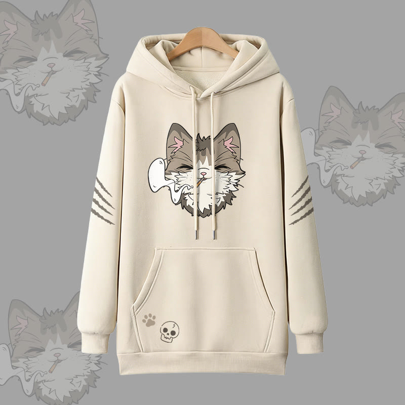 Smoking Cat Graphic Modakawa Oversized Pullover Hoodie - Apricot - 3XL - image 1