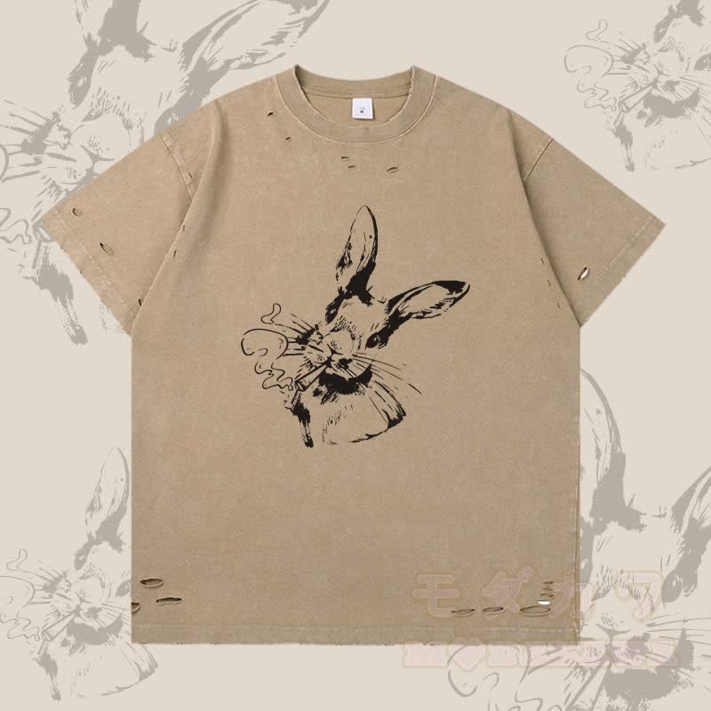 Smoking Bunny Graphic Modakawa Ripped T-shirt - Brown - 2XL - image 1