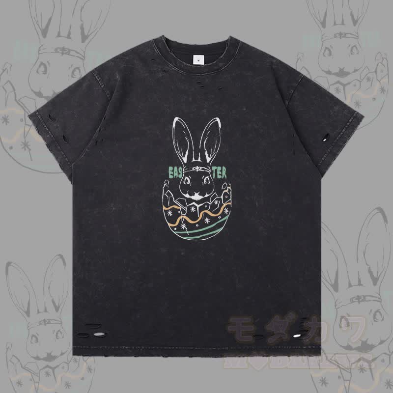 Easter Egg Bunny Graphic Modakawa Ripped T-shirt - Grey - 2XL - image 4