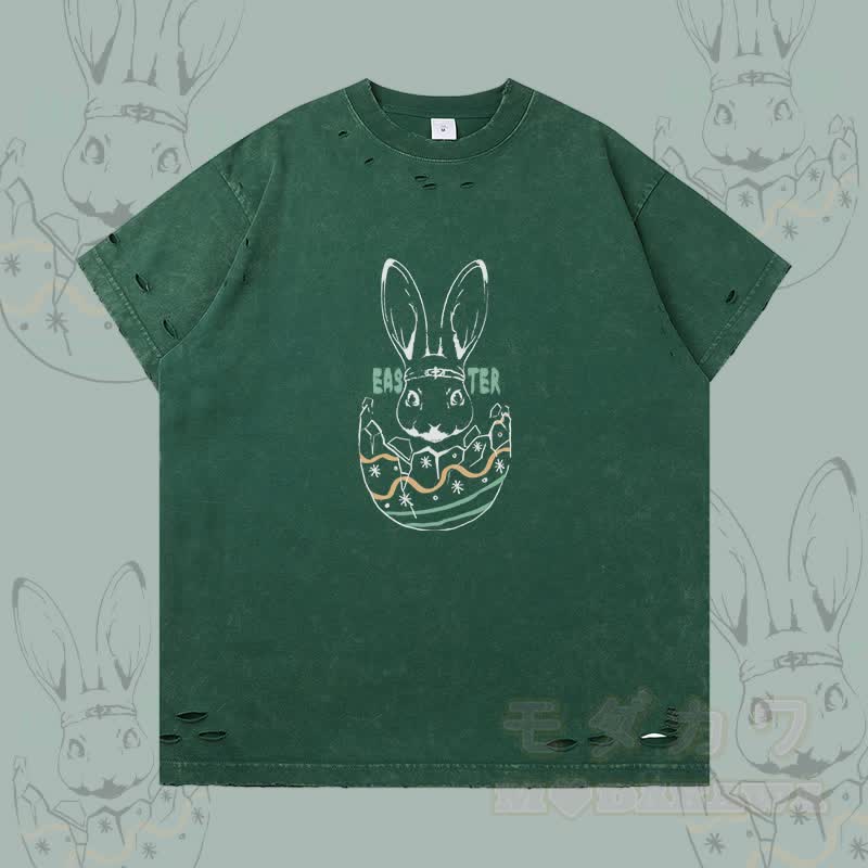 Easter Egg Bunny Graphic Modakawa Ripped T-shirt - Dark Green - 2XL - image 3