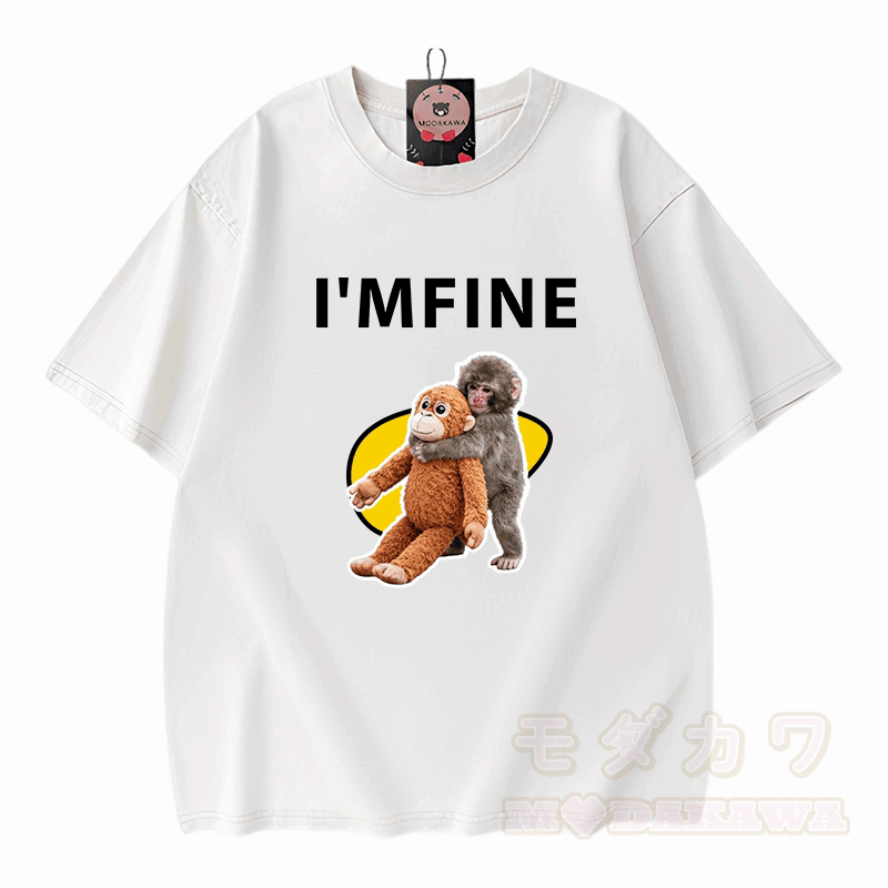 I'M FINE Monkey Graphic Modakawa Unisex Vintage Washed T-shirt - White - 5XL - image 1