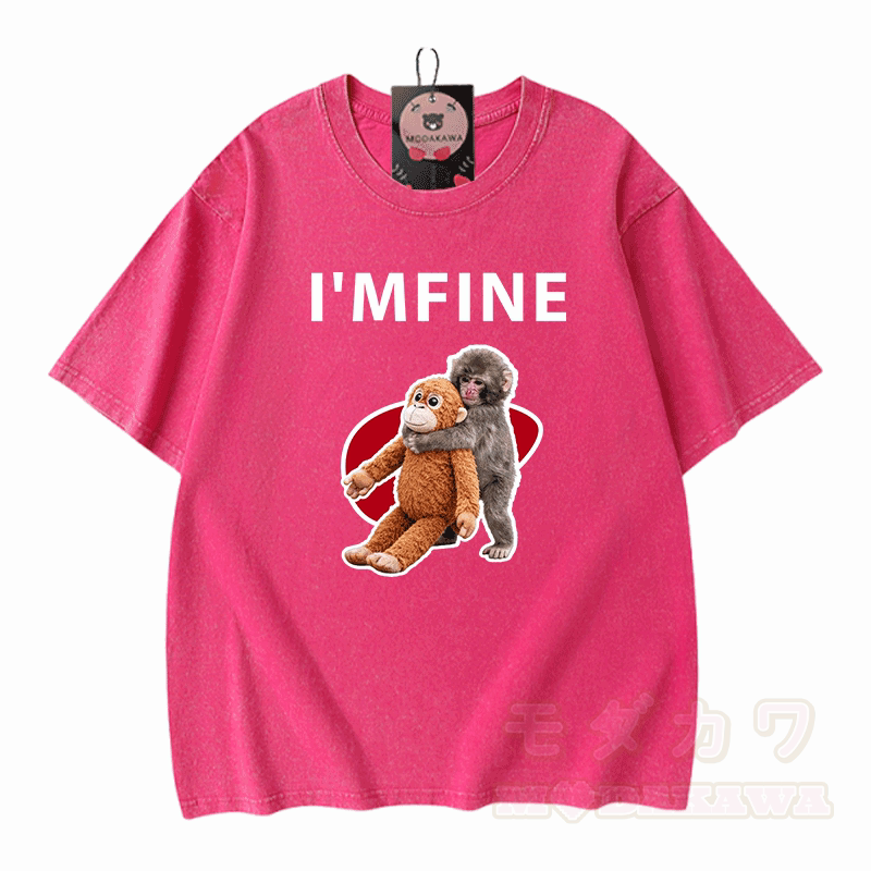 I'M FINE Monkey Graphic Modakawa Unisex Vintage Washed T-shirt - Rose Red - 5XL - image 3