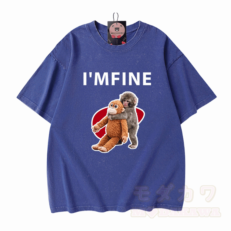 I'M FINE Monkey Graphic Modakawa Unisex Vintage Washed T-shirt - Blue - 5XL - image 2