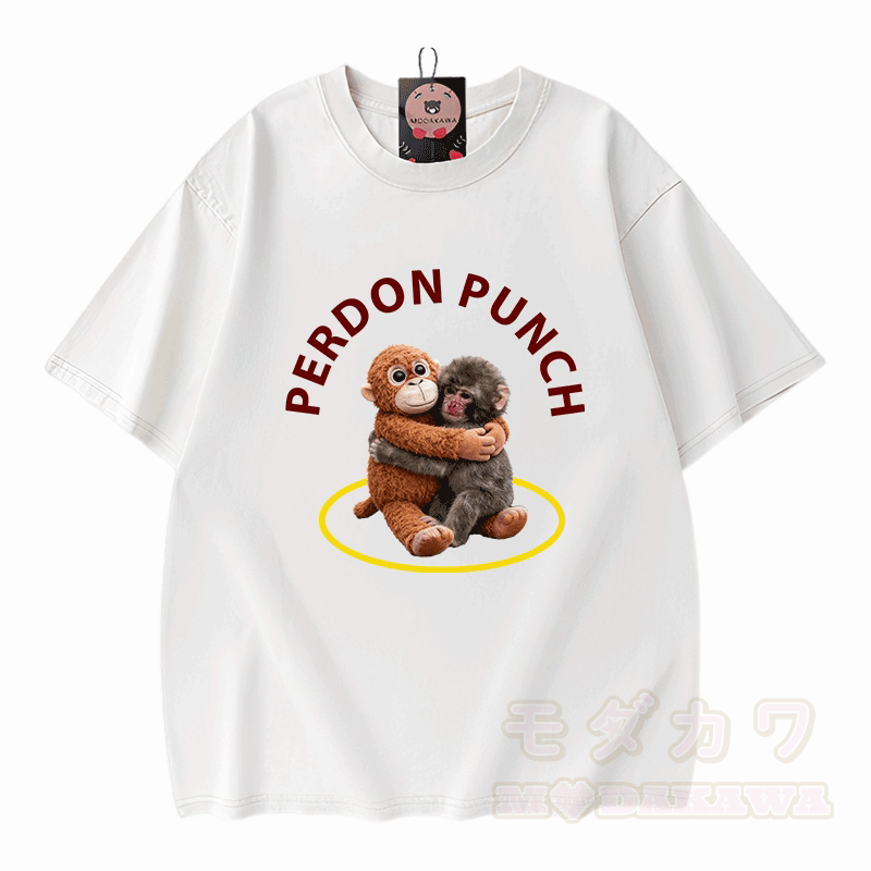 PERDON PUNCH Hugging Monkey Graphic Modakawa Unisex Vintage Washed T-shirt - White - 5XL - image 2
