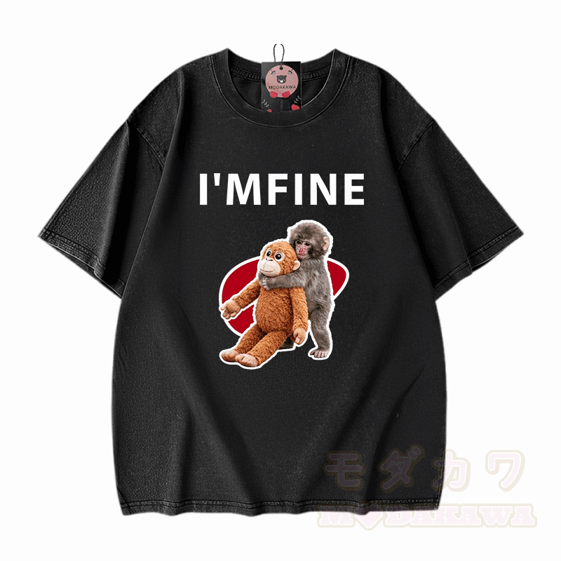 I'M FINE Monkey Graphic Modakawa Unisex Vintage Washed T-shirt - Black - 5XL - image 8