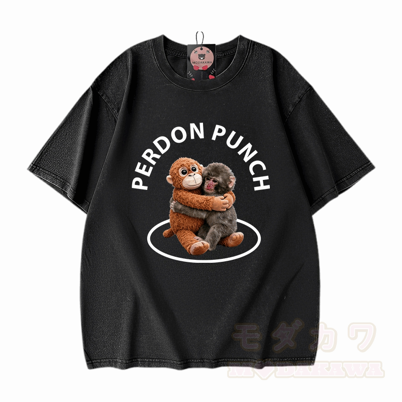 PERDON PUNCH Hugging Monkey Graphic Modakawa Unisex Vintage Washed T-shirt - Black - 5XL - image 8