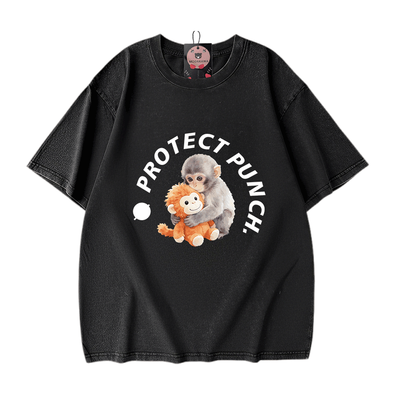 PROTECT PUNCH Hugging Monkey Graphic Modakawa Unisex Vintage Washed T-shirt - Black - 5XL - image 1